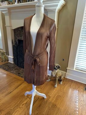 White House Black Market Brown Open-Front Tie-Waist Cardigan Vest